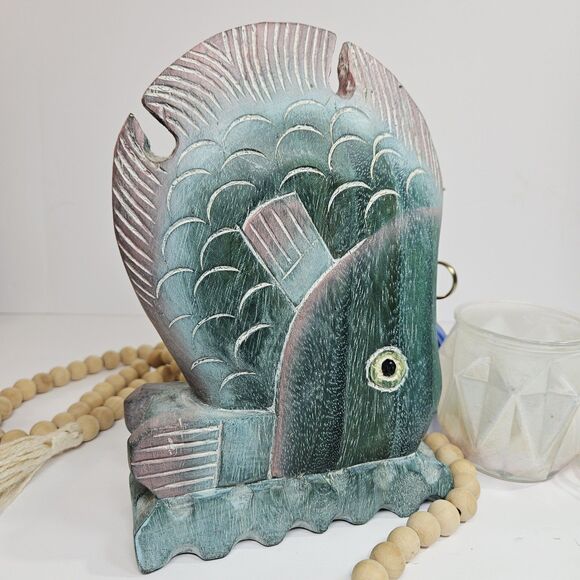 Vtg Nautical Hand Carved Thailand Wood Tropical Fish Hand Painted 3D Green Pink - Picture 9 of 12